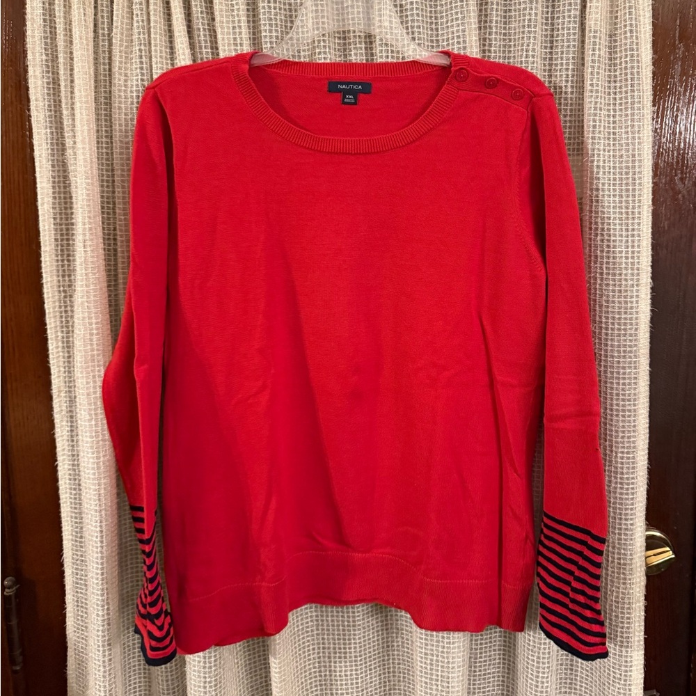 Nautica Red Sweater with Black Striped Sleeves